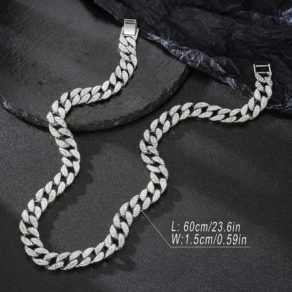 15MM Full Rhinestone Miami Cuban Chain Men's Ice Out Hip hop Necklace Rapper Jewelry Gift for teen boys Women girls