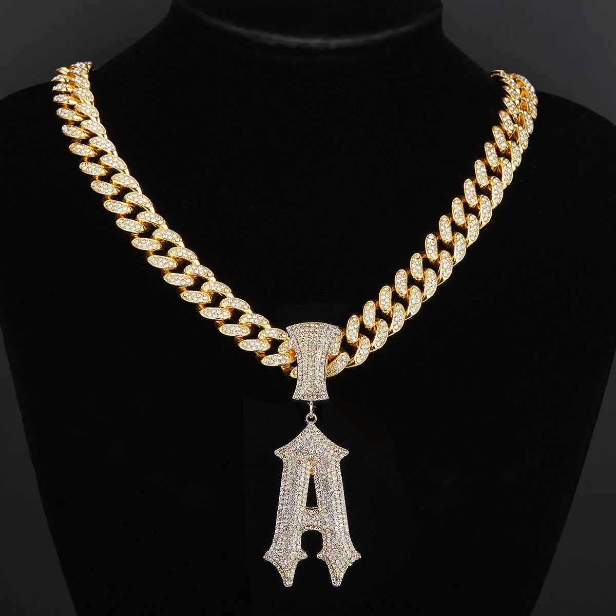 1pcs Hip Hop Full Rhinestone Shiny "A,S"Letter necklace with Ice Out 15MM Cuban chain for men and women Gifts for rappers