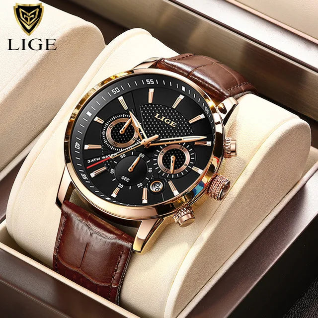 2023 New Mens Watches LIGE Top Brand Luxury Leather Casual Quartz Watch Men's Sport Waterproof Clock Watch Relogio Masculino+Box