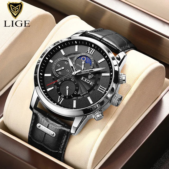 2023 New Mens Watches LIGE Top Brand Luxury Leather Casual Quartz Watch Men's Sport Waterproof Clock Watch Relogio Masculino+Box