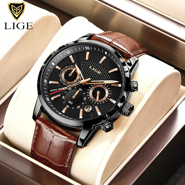 2023 New Mens Watches LIGE Top Brand Luxury Leather Casual Quartz Watch Men's Sport Waterproof Clock Watch Relogio Masculino+Box