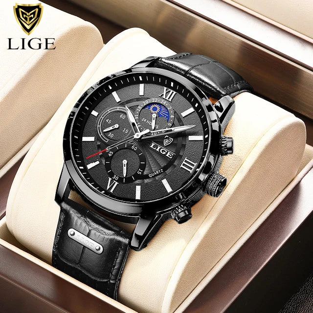 2023 New Mens Watches LIGE Top Brand Luxury Leather Casual Quartz Watch Men's Sport Waterproof Clock Watch Relogio Masculino+Box