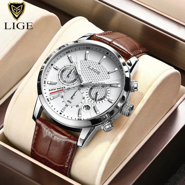 2023 New Mens Watches LIGE Top Brand Luxury Leather Casual Quartz Watch Men's Sport Waterproof Clock Watch Relogio Masculino+Box