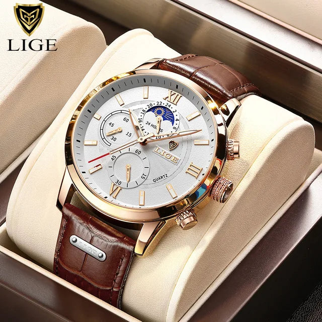 2023 New Mens Watches LIGE Top Brand Luxury Leather Casual Quartz Watch Men's Sport Waterproof Clock Watch Relogio Masculino+Box