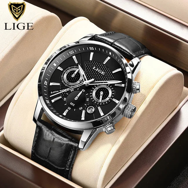 2023 New Mens Watches LIGE Top Brand Luxury Leather Casual Quartz Watch Men's Sport Waterproof Clock Watch Relogio Masculino+Box