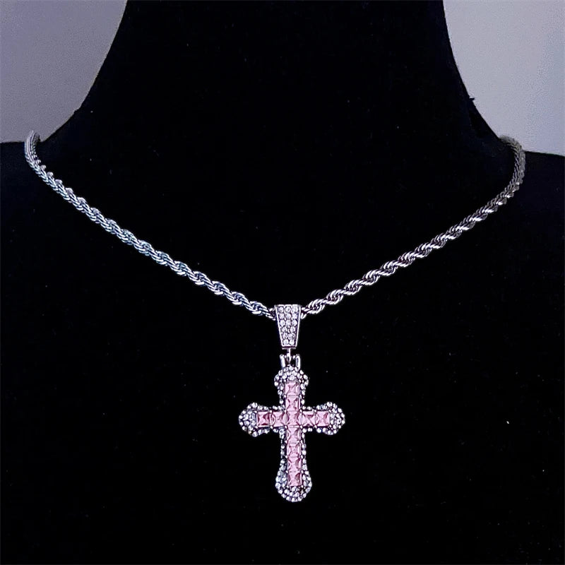 Bling Cross Pendant Iced Out Cuban Link Chain Necklace For Men&Women Full Rhinestones Crystal Charms Hip Hop Jewelry Chain Gift