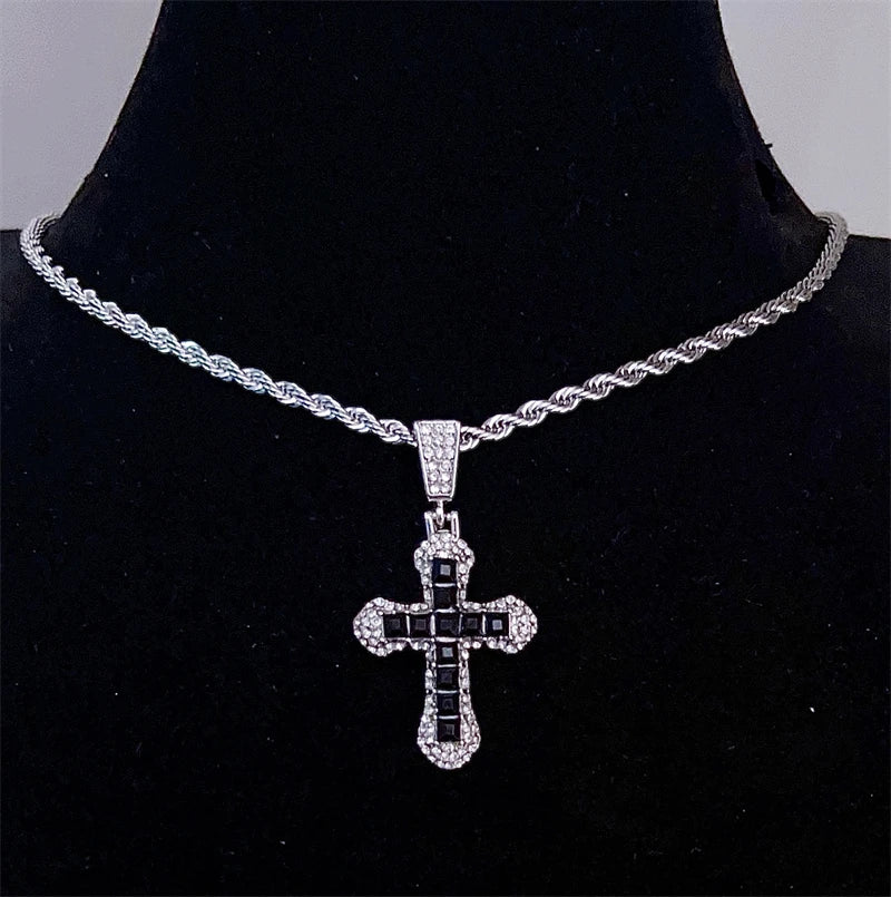 Bling Cross Pendant Iced Out Cuban Link Chain Necklace For Men&Women Full Rhinestones Crystal Charms Hip Hop Jewelry Chain Gift