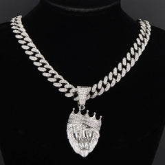 Crown Lion Head Pendant Necklace Iced Out Clear Rhinestones Curb Cuban Chain Stainless Steel Necklace Jewelry Gift