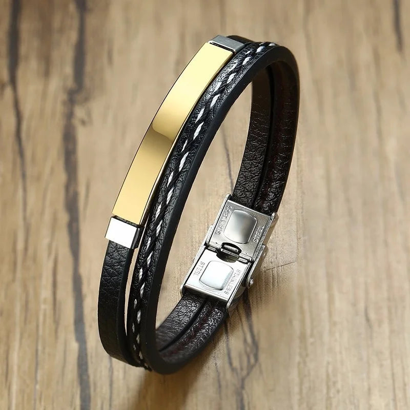 Delysia King 2021 Trendy Men Leatherwear Weave Bracelet Leisure Color Contrast Stainless Steel Bangle