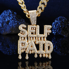 Glitter Unisex Hip-hop Letter SELFPAID Pendant Punk Cuban Necklace with Rhinestones for Women and Girls - Stylish