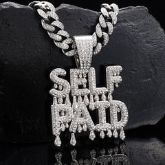 Glitter Unisex Hip-hop Letter SELFPAID Pendant Punk Cuban Necklace with Rhinestones for Women and Girls - Stylish