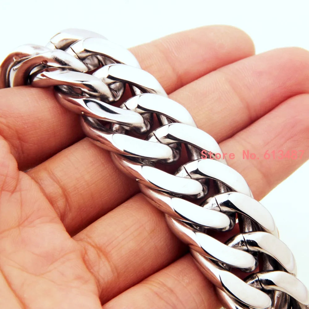 High Quality Silver Color Stainless Steel Men's Chain Necklace Heavy Huge Jewelry Curb Cuban Chain 7"-40" 18mm Gift