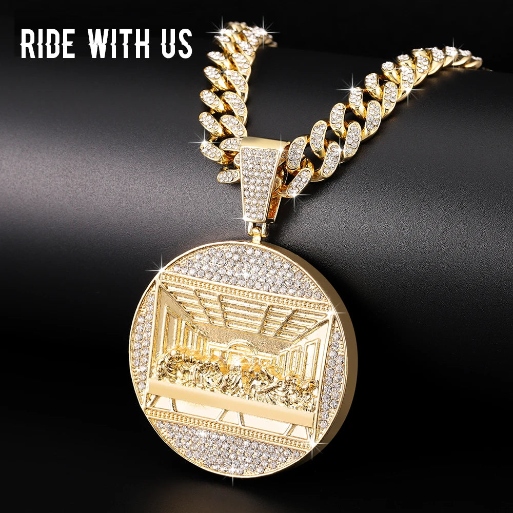 Hip Hop Last Supper Pendant Necklace Iced out Jesus Religious Pendant Cuban Chain Rapper Jewelry for Men and Women Gifts