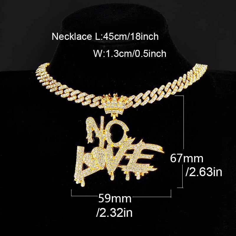 Ice out the letters "NO LOVE" Pendant with Cuban chain necklace, hip hop trend cool jewelry for men