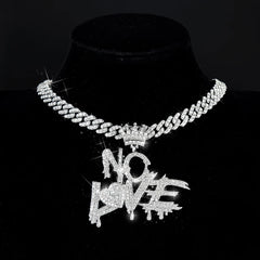 Ice out the letters "NO LOVE" Pendant with Cuban chain necklace, hip hop trend cool jewelry for men