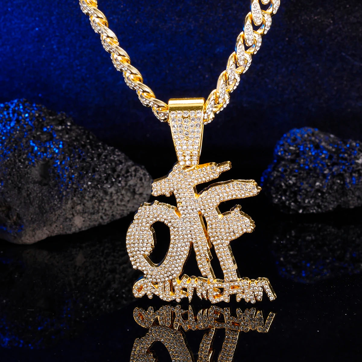 Iced out OTF Pendant Necklace with Cuban Link Chain for Men Women ,Rapper Jewelry Accessories