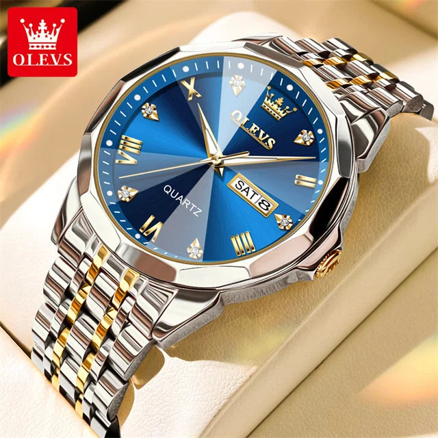 OLEVS 9931Quartz Watch for Men Rhombus Mirror Stainless Steel Waterproof Auto Date Week Clock Simplicity Luxury Men's Wristwatch