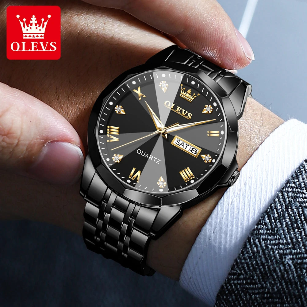 OLEVS 9931Quartz Watch for Men Rhombus Mirror Stainless Steel Waterproof Auto Date Week Clock Simplicity Luxury Men's Wristwatch