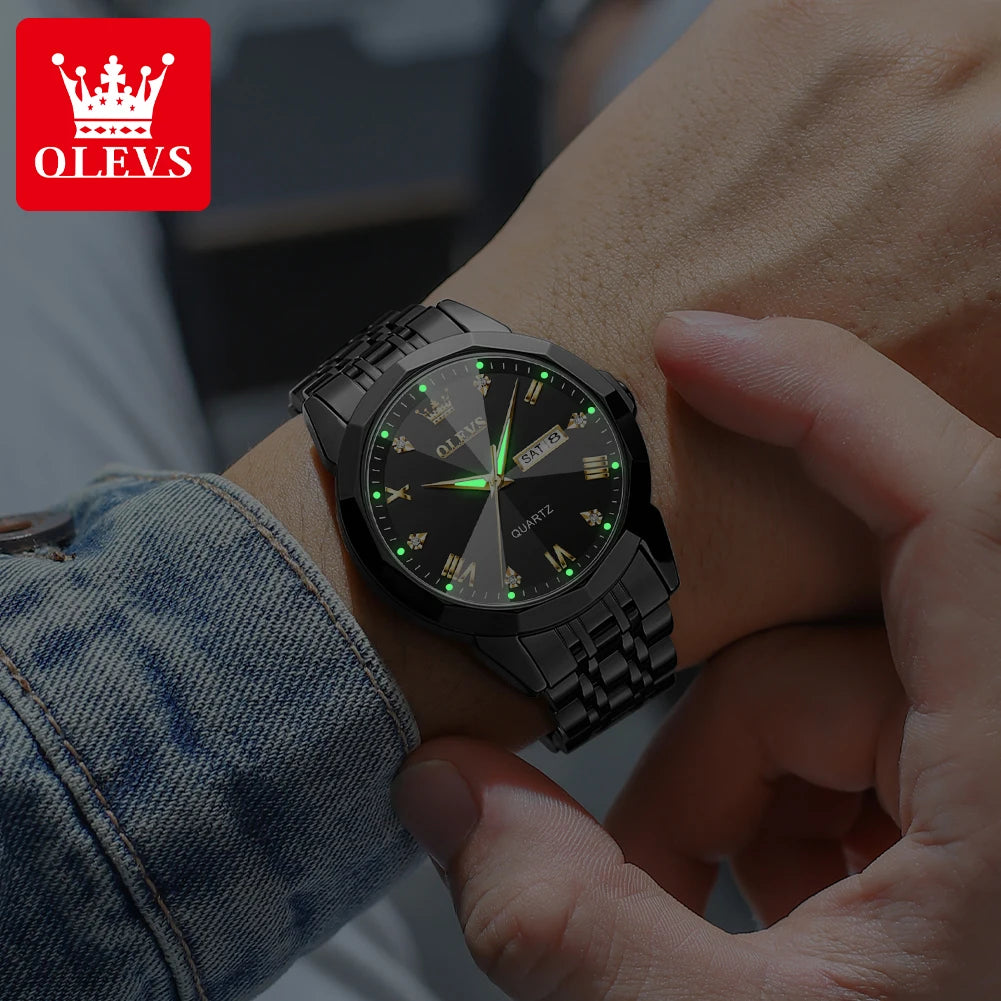 OLEVS 9931Quartz Watch for Men Rhombus Mirror Stainless Steel Waterproof Auto Date Week Clock Simplicity Luxury Men's Wristwatch