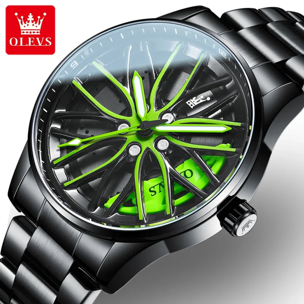 OLEVS 9937 Sport Quartz Men Wristwatches Wheel Design High Quality Waterproof Stainless Steel Strap Watches for Men Luminous