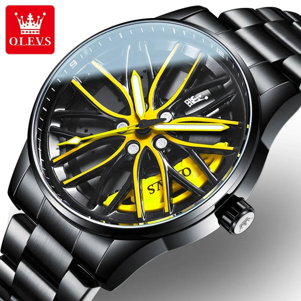 OLEVS 9937 Sport Quartz Men Wristwatches Wheel Design High Quality Waterproof Stainless Steel Strap Watches for Men Luminous