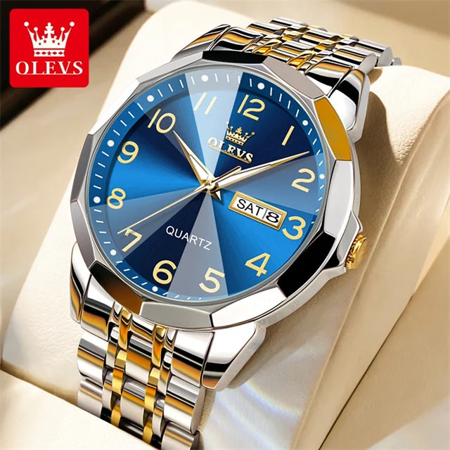 OLEVS 9970 Men's Wristwatch Luxury Digital Dial Unique Rhombus Mirror Quartz Watch for Men Stainless Steel Waterproof Man Watch