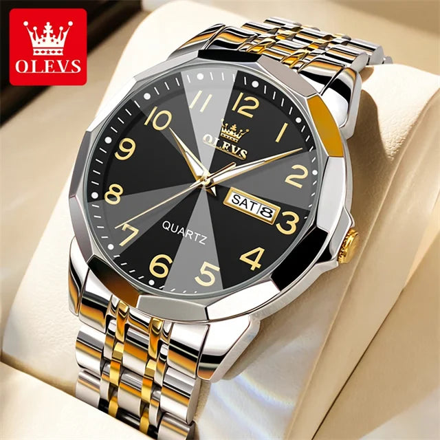 OLEVS 9970 Men's Wristwatch Luxury Digital Dial Unique Rhombus Mirror Quartz Watch for Men Stainless Steel Waterproof Man Watch