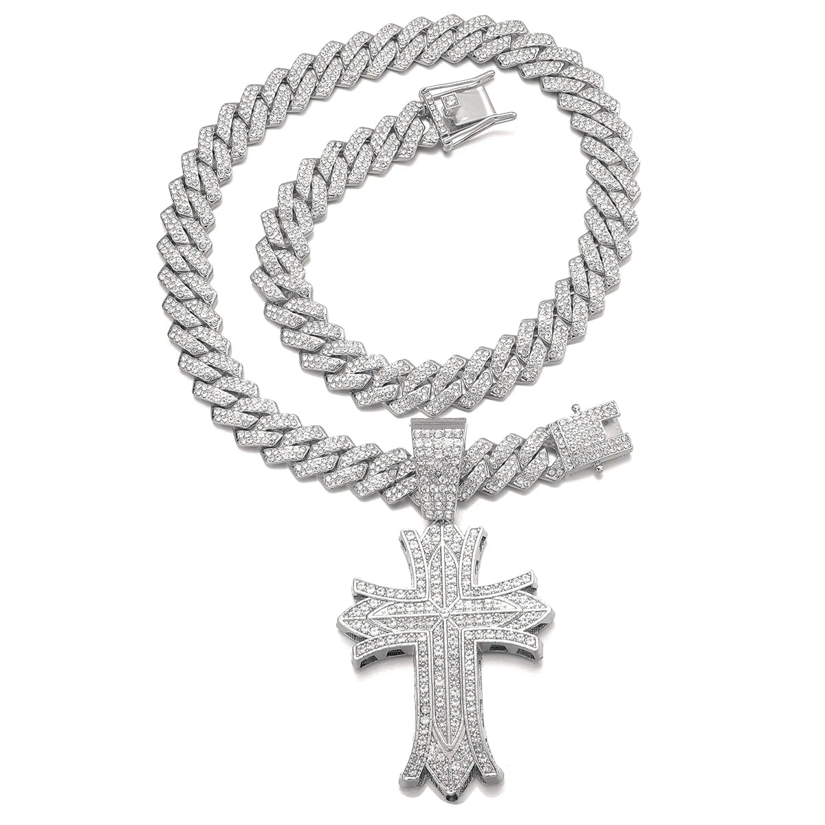 Stylish Men's All Rhinestones Cuban Chain Necklace with Punk Crystal Cross Pendant